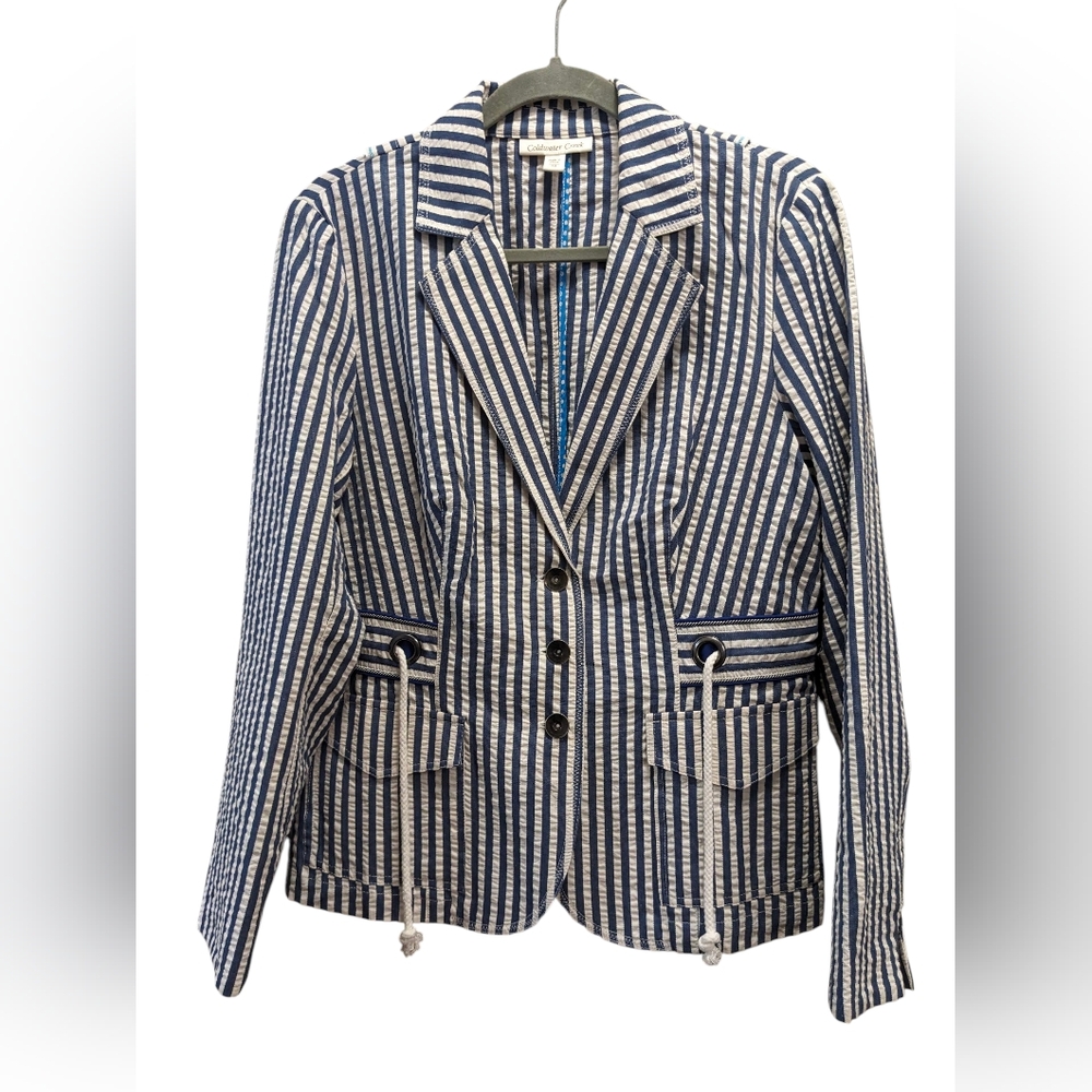 Coldwater Creek Navy Blue & White Seersucker Blazer  Notched Lapels Size 10